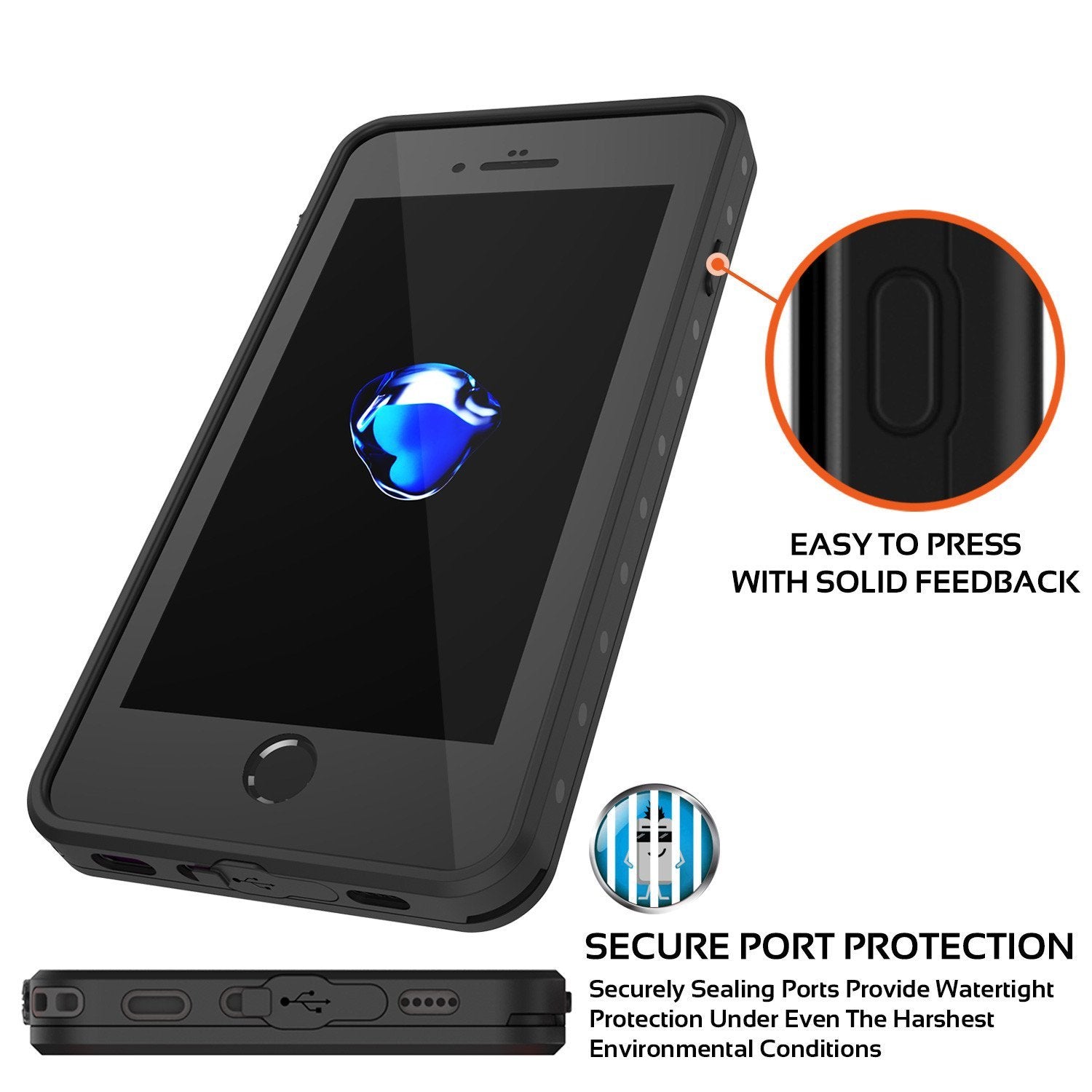 iPhone 8+ Plus Waterproof IP68 Case, Punkcase [Black] [StudStar Series] [Slim Fit] [Dirtproof]