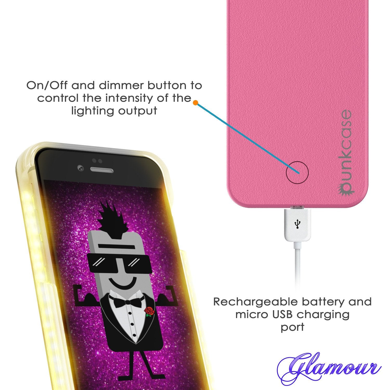 iPhone 6+/6S+ Plus Punkcase LED Light Case Light Illuminated Case, Pink W/  Battery Power Bank